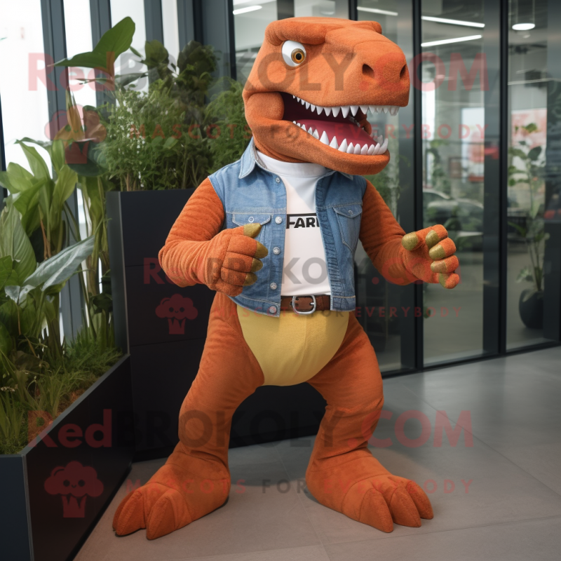 Rust Tyrannosaurus mascot costume character dressed with a Boyfriend Jeans and Smartwatches