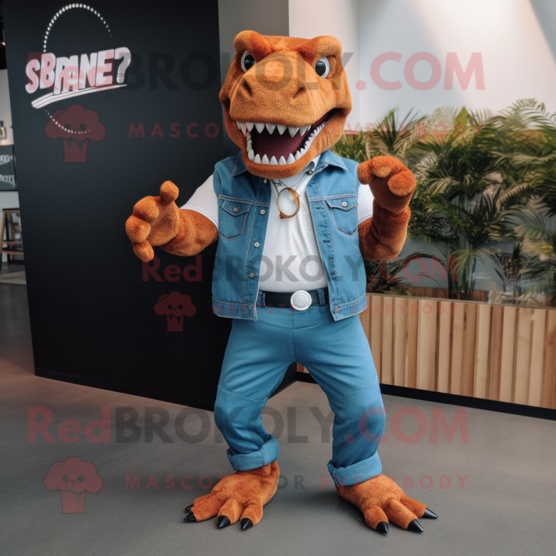 Rust Tyrannosaurus mascot costume character dressed with a Boyfriend Jeans and Smartwatches