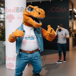 Rust Tyrannosaurus mascot costume character dressed with a Boyfriend Jeans and Smartwatches