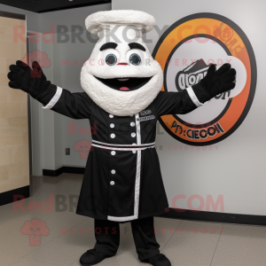 Black Pizza mascot costume character dressed with a Coat and Gloves