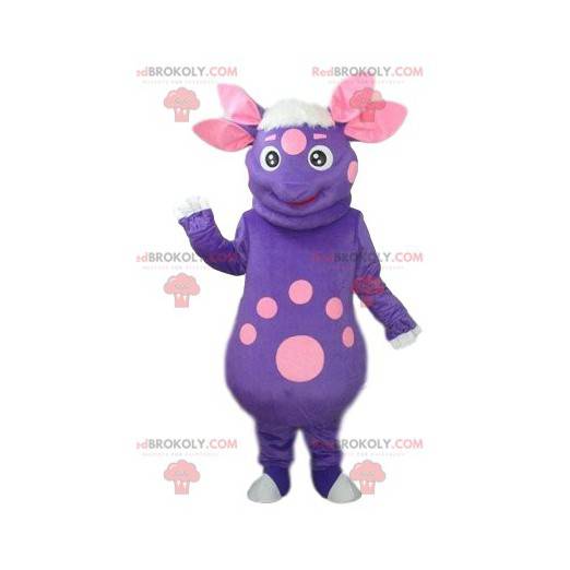 Mascotte aliena viola e rosa con quattro orecchie -