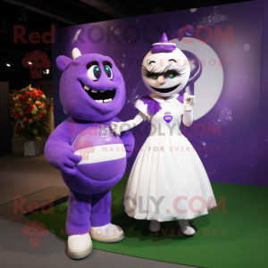 Purple Rugby Ball mascot costume character dressed with a Wedding Dress and Anklets