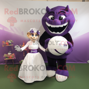 Purple Rugby Ball mascot costume character dressed with a Wedding Dress and Anklets