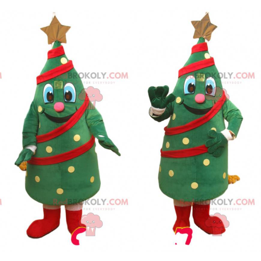 Green tree mascot decorated with garlands and a golden star -