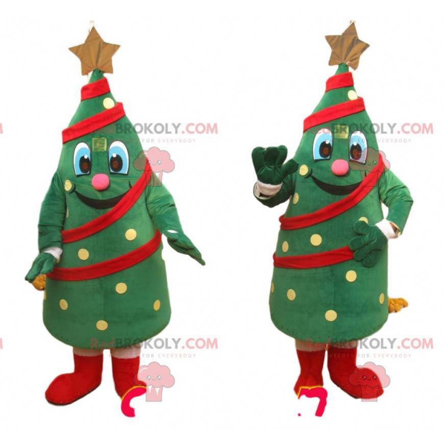Green tree mascot decorated with garlands and a golden star - Green tree mascot decorated with garlands and a golden star -