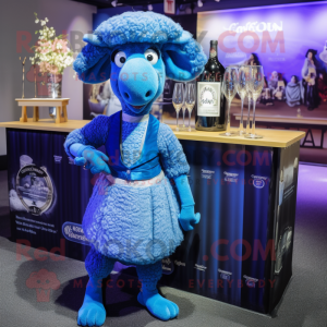 Blue Sheep mascot costume character dressed with a Cocktail Dress and Caps