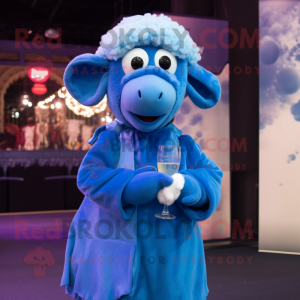 Blue Sheep mascot costume character dressed with a Cocktail Dress and Caps