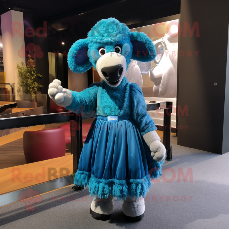 Blue Sheep mascot costume character dressed with a Cocktail Dress and Caps