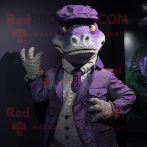 Purple Crocodile mascot costume character dressed with a Waistcoat and Gloves