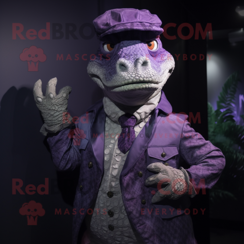 Purple Crocodile mascot costume character dressed with a Waistcoat and Gloves Purple Crocodile mascot costume character dressed with a Waistcoat and Gloves
