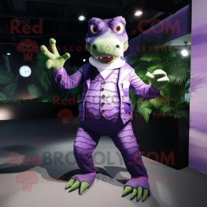 Purple Crocodile mascot costume character dressed with a Waistcoat and Gloves