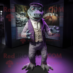 Purple Crocodile mascot costume character dressed with a Waistcoat and Gloves