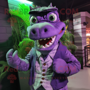 Purple Crocodile mascot costume character dressed with a Waistcoat and Gloves