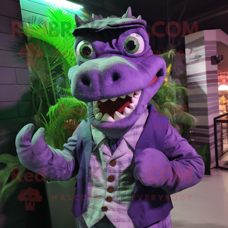 Purple Crocodile mascot costume character dressed with a Waistcoat and Gloves Purple Crocodile mascot costume character dressed with a Waistcoat and Gloves