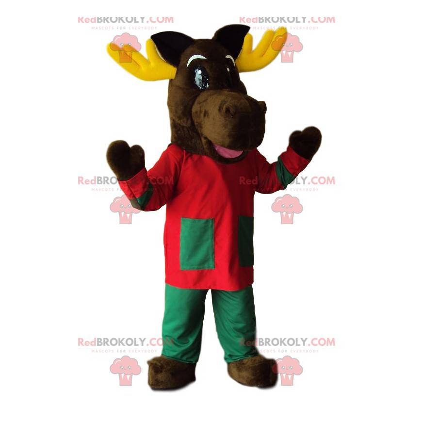 Mascote de rena com uma linda roupa vermelha e verde -