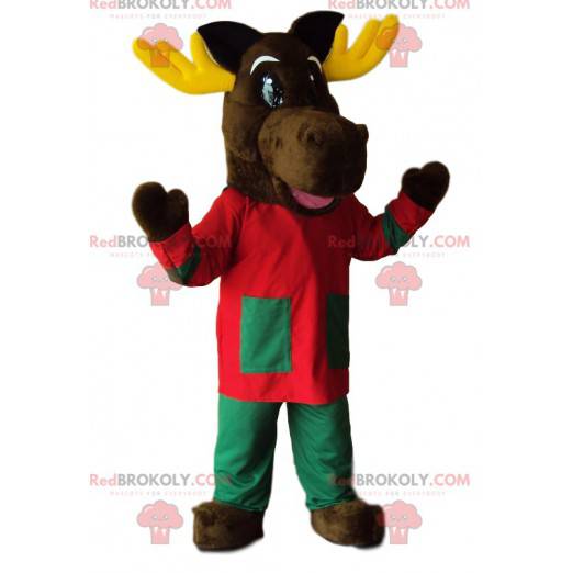 Reindeer mascot with a pretty red and green outfit -