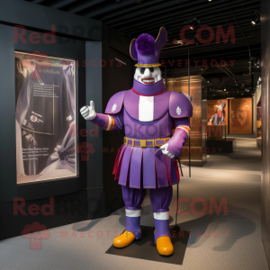 Purple Swiss Guard mascot costume character dressed with a Culottes and Belts