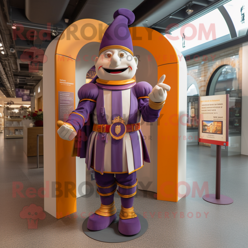 Purple Swiss Guard mascot costume character dressed with a Culottes and Belts