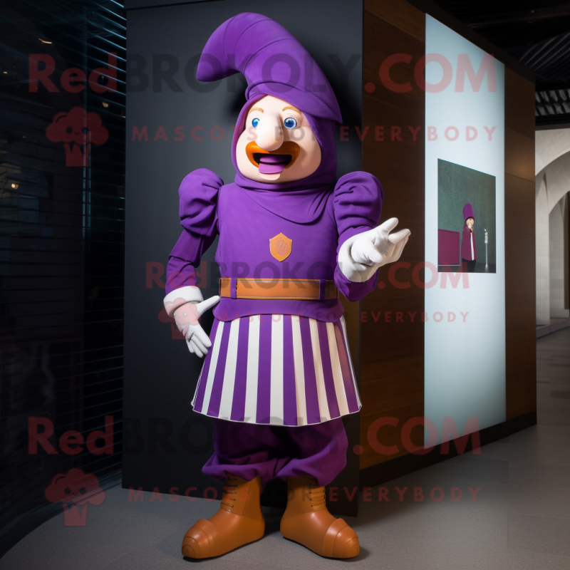 Purple Swiss Guard mascot costume character dressed with a Culottes and Belts Purple Swiss Guard mascot costume character dressed with a Culottes and Belts