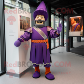 Purple Swiss Guard mascot costume character dressed with a Culottes and Belts