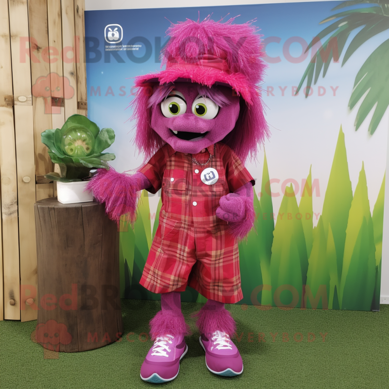 Magenta Scarecrow mascot costume character dressed with a Bermuda Shorts and Anklets Magenta Scarecrow mascot costume character dressed with a Bermuda Shorts and Anklets