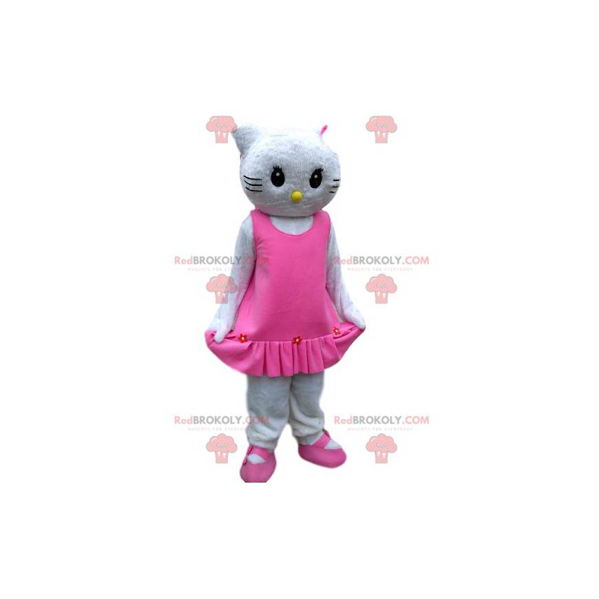 Mascote Hello Kitty com um elegante vestido rosa com babados -