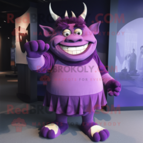 Purple Ogre mascot costume character dressed with a Empire Waist Dress and Ties