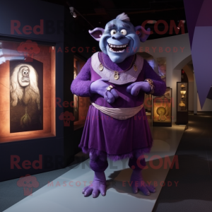 Purple Ogre mascot costume character dressed with a Empire Waist Dress and Ties