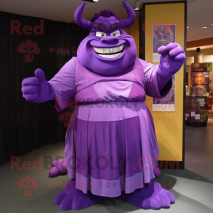 Purple Ogre mascot costume character dressed with a Empire Waist Dress and Ties