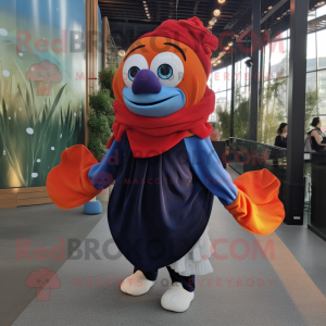 Navy Clown Fish mascot costume character dressed with a Mom Jeans and Shawl pins