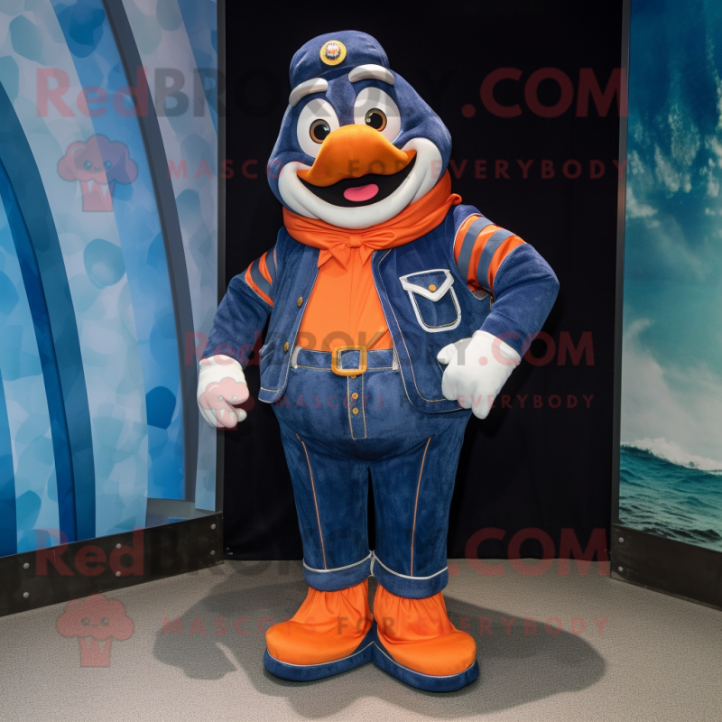 Navy Clown Fish mascot costume character dressed with a Mom Jeans and Shawl pins