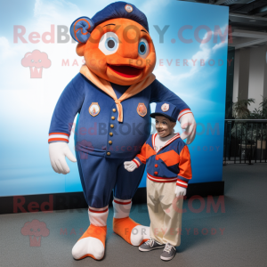 Navy Clown Fish mascot costume character dressed with a Mom Jeans and Shawl pins