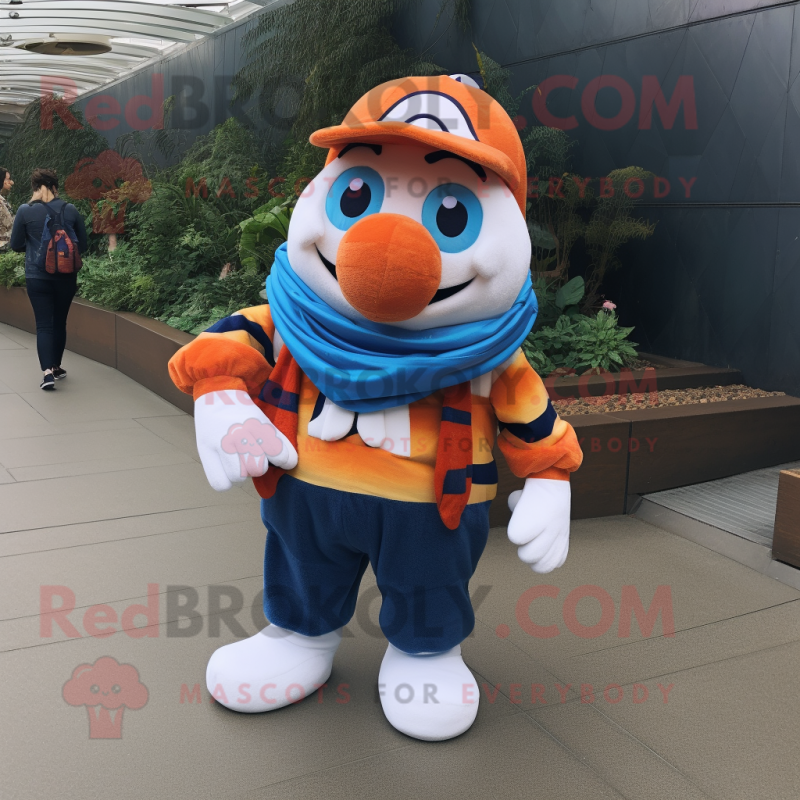 Navy Clown Fish mascot costume character dressed with a Mom Jeans and Shawl pins Navy Clown Fish mascot costume character dressed with a Mom Jeans and Shawl pins