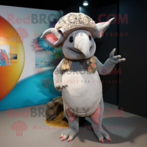 Gray Armadillo mascot costume character dressed with a Bikini and Caps