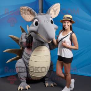 Gray Armadillo mascot costume character dressed with a Bikini and Caps