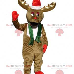 Bevroren bruin rendier mascotte met een kerstmuts -