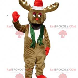 Frozen brown reindeer mascot with a Christmas hat -