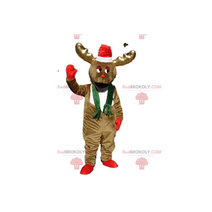 Frozen brown reindeer mascot with a Christmas hat -