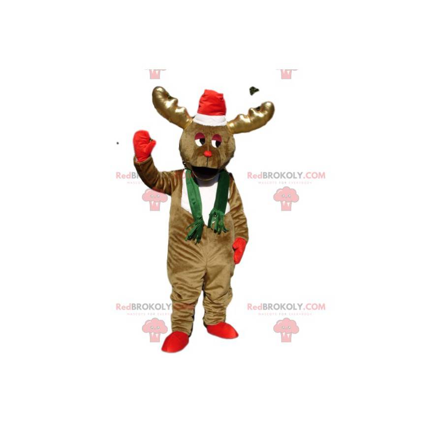 Mascota del reno marrón congelado con un sombrero de Navidad -