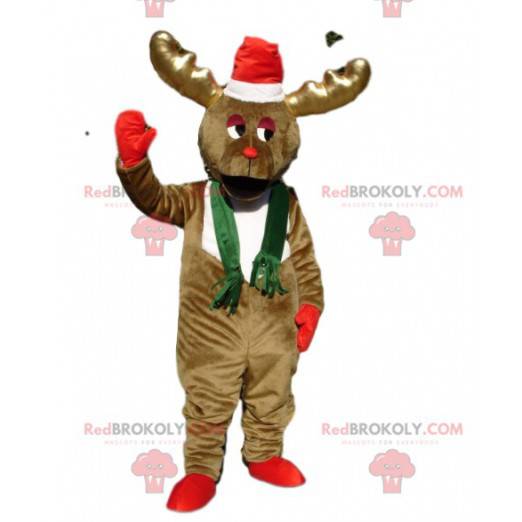 Frozen brown reindeer mascot with a Christmas hat -