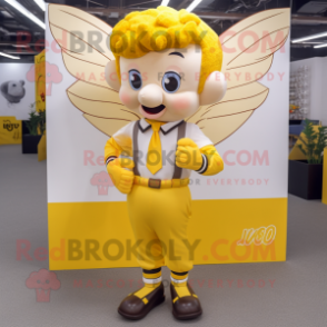 Yellow Cupid mascot costume character dressed with a Oxford Shirt and Ties