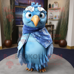 Blue Quail mascot costume character dressed with a Maxi Dress and Scarves