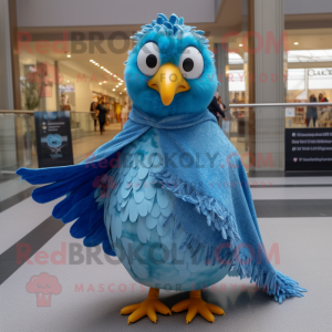 Blue Quail mascot costume character dressed with a Maxi Dress and Scarves