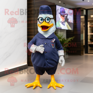 Navy Muscovy Duck mascot costume character dressed with a Joggers and Eyeglasses