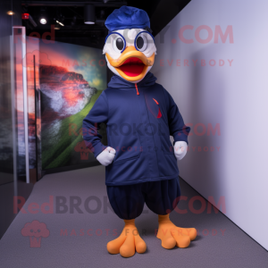 Navy Muscovy Duck mascot costume character dressed with a Joggers and Eyeglasses