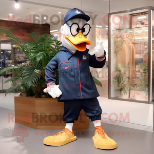 Navy Muscovy Duck mascot costume character dressed with a Joggers and Eyeglasses