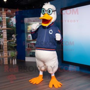 Navy Muscovy Duck mascot costume character dressed with a Joggers and Eyeglasses