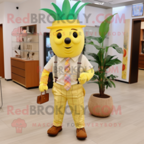 Lemon Yellow Pineapple mascot costume character dressed with a Cargo Shorts and Pocket squares