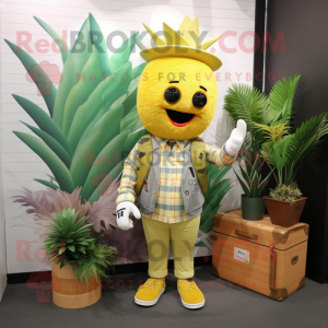 Lemon Yellow Pineapple mascot costume character dressed with a Cargo Shorts and Pocket squares