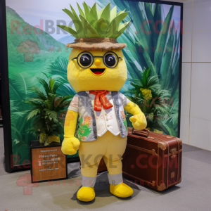 Lemon Yellow Pineapple mascot costume character dressed with a Cargo Shorts and Pocket squares